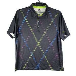 Men's Slazenger Performance Polo Shirt Black Multicolor Argyle Pattern Size XXL